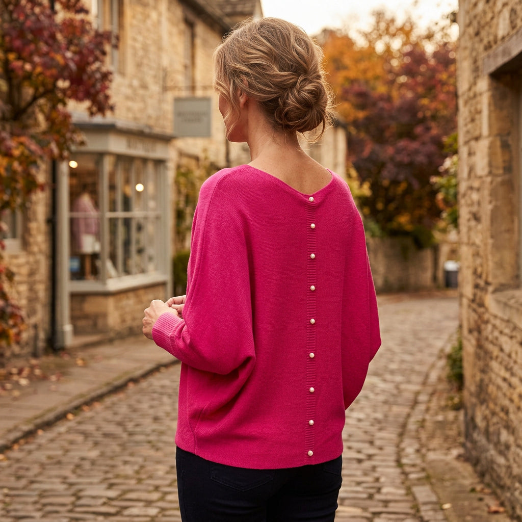 Made In Italy Polly Pearl Back Cerise Pink Batwing Sleeve Jumper - Sugarplum Boutiqu