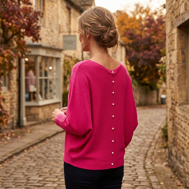 Made In Italy Polly Pearl Back Cerise Pink Batwing Sleeve Jumper - Sugarplum Boutiqu