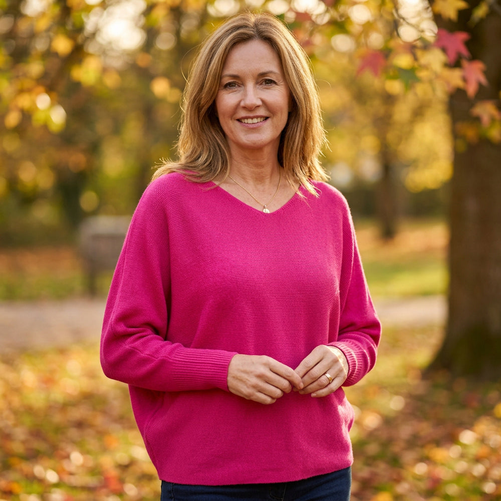 Made In Italy Polly Pearl Back Cerise Pink Batwing Sleeve Jumper - Sugarplum Boutiqu