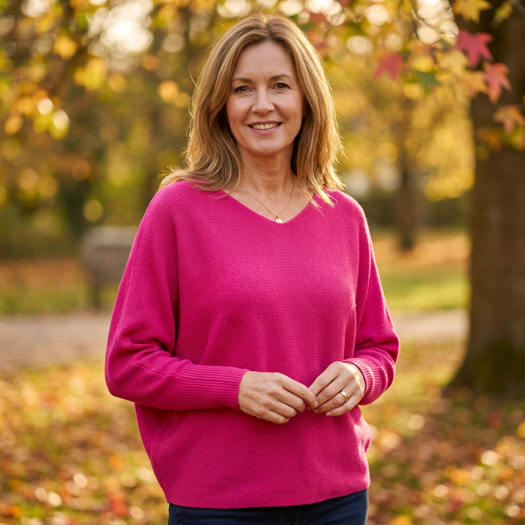 Made In Italy Polly Pearl Back Cerise Pink Batwing Sleeve Jumper - Sugarplum Boutiqu