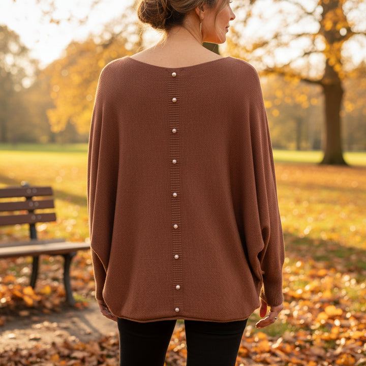 Made In Italy Polly Pearl Back Chestnut Brown Batwing Sleeve Jumper - Sugarplum Boutique