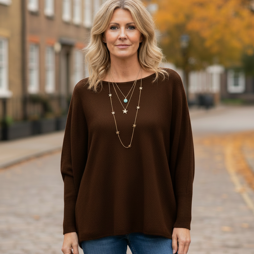 Made In Italy Polly Pearl Back Chocolate Brown Batwing Jumper - Sugarplum Boutique
