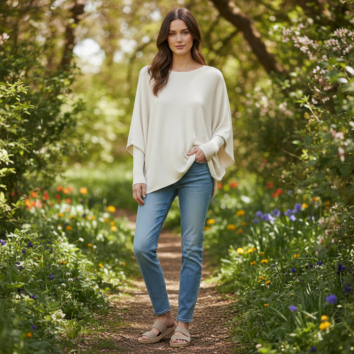Made In Italy Polly Pearl Back Cream Batwing Jumper - Sugarplum Boutique
