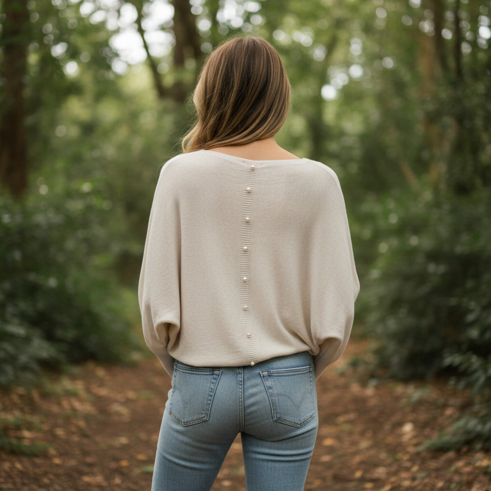 Made In Italy Polly Pearl Back Cream Batwing Jumper - Sugarplum Boutique
