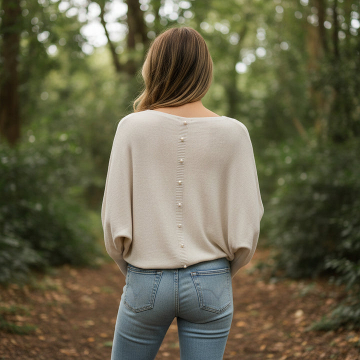 Made In Italy Polly Pearl Back Cream Batwing Jumper - Sugarplum Boutique