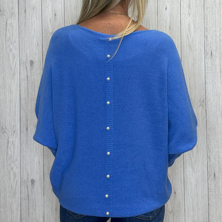 Made In Italy Polly Pearl Back Denim Blue Batwing Sleeve Jumper - Sugarplum Boutique
