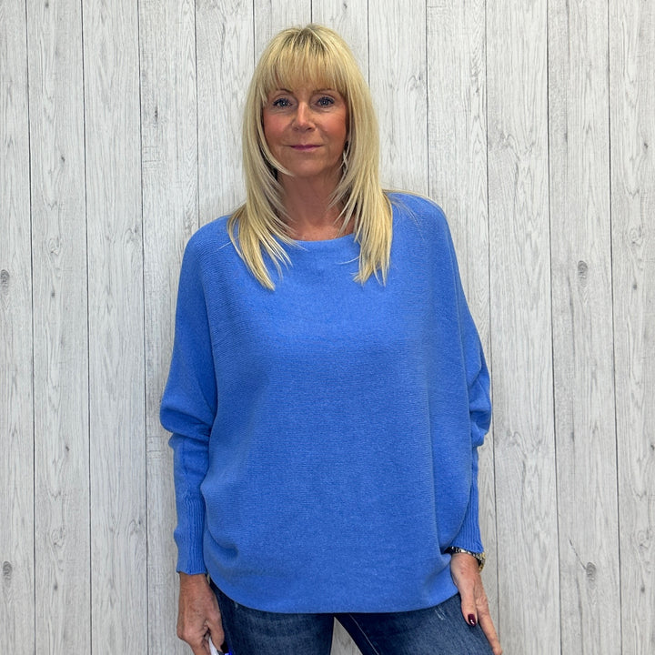 Made In Italy Polly Pearl Back Denim Blue Batwing Sleeve Jumper - Sugarplum Boutique