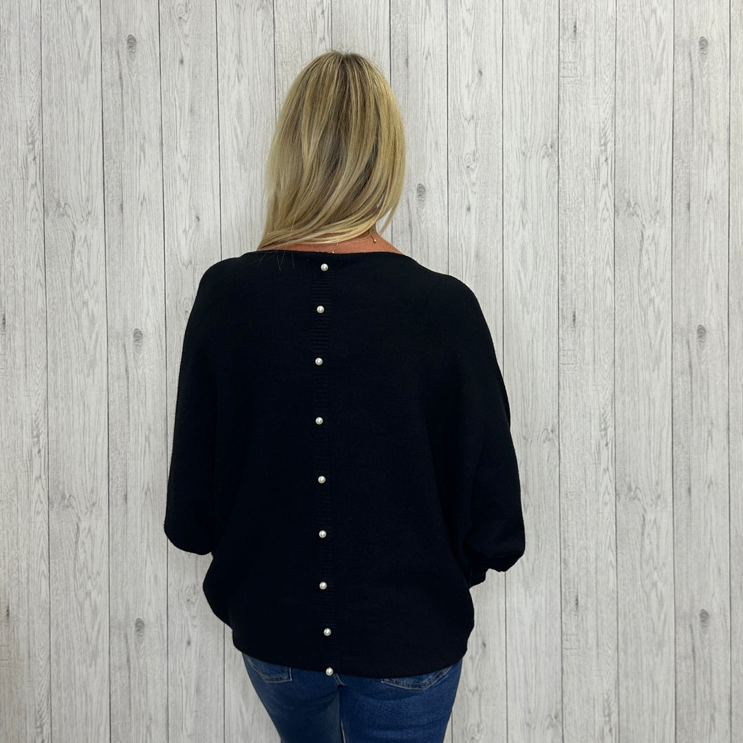 Made In Italy Polly Pearl Back Jumper Batwing Sleeve Black - Sugarplum Boutique