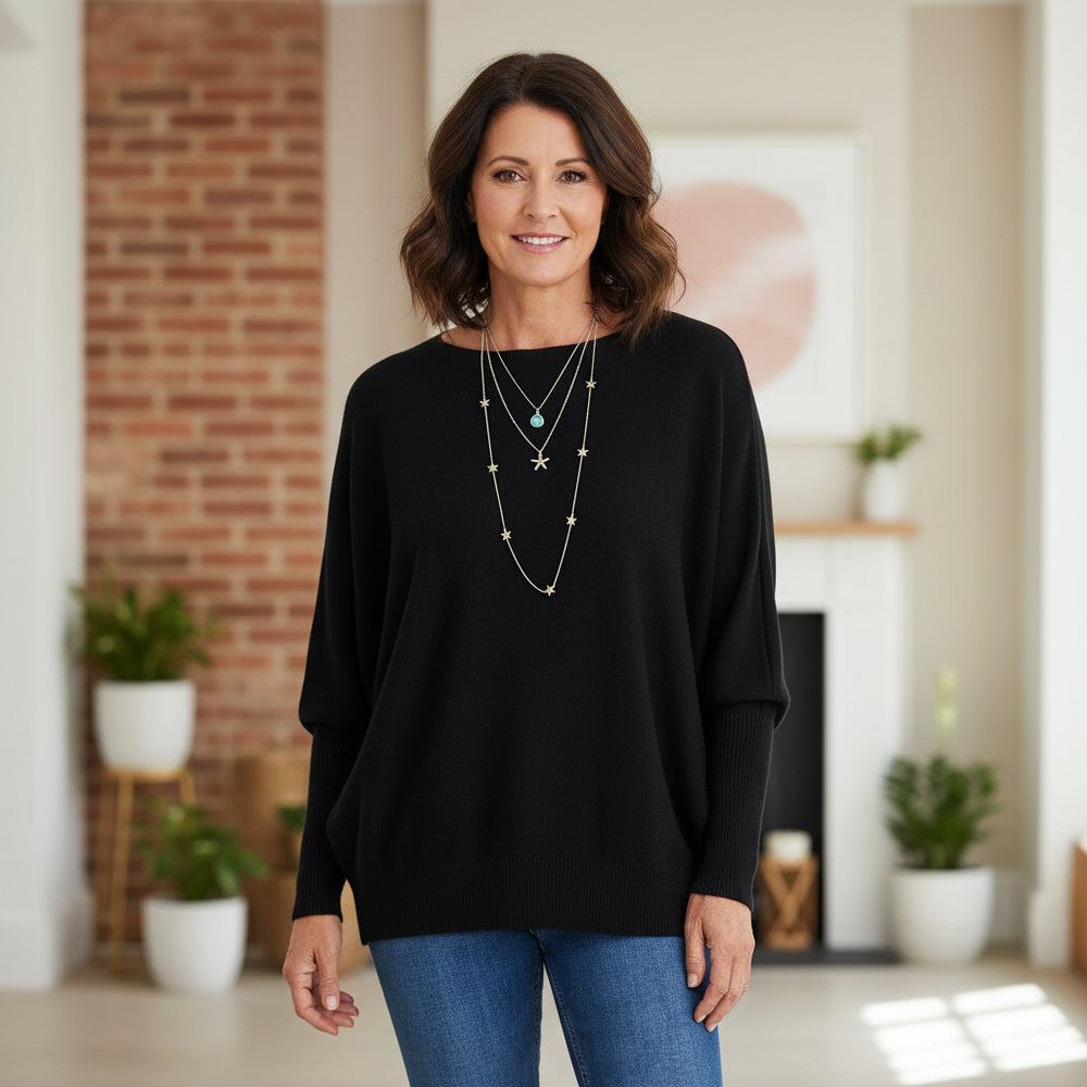 Made In Italy Polly Pearl Back Jumper Batwing Sleeve Black - Sugarplum Boutique