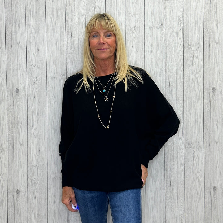 Made In Italy Polly Pearl Back Jumper Batwing Sleeve Black - Sugarplum Boutique
