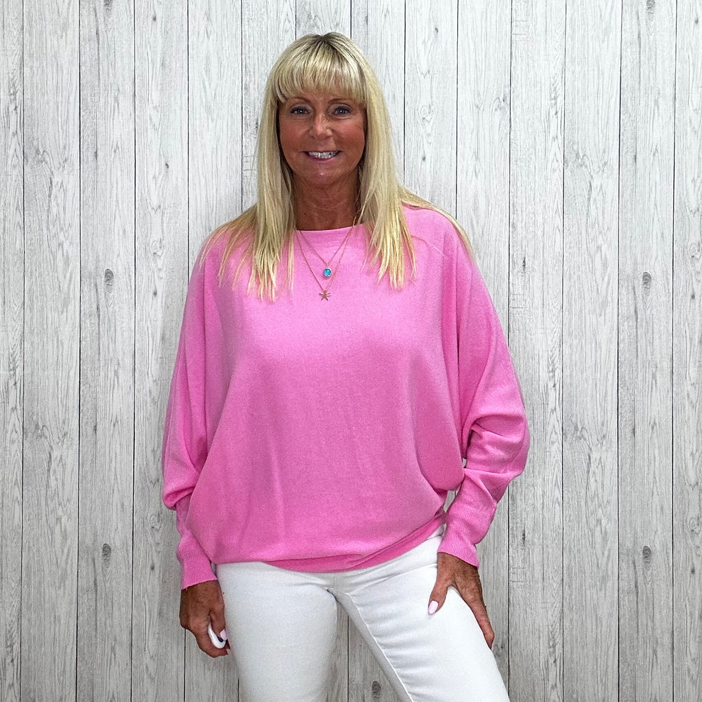 Made In Italy Polly Pearl Back Jumper Batwing Sleeve Bubblegum Pink Sugarplum Boutique Home
