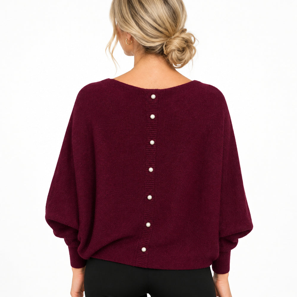 Made In Italy Polly Pearl Back Burgundy Batwing Sleeve Jumper -Sugarplum Boutique