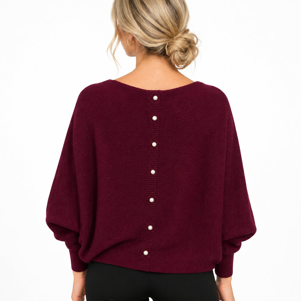 Made In Italy Polly Pearl Back Burgundy Batwing Sleeve Jumper -Sugarplum Boutique