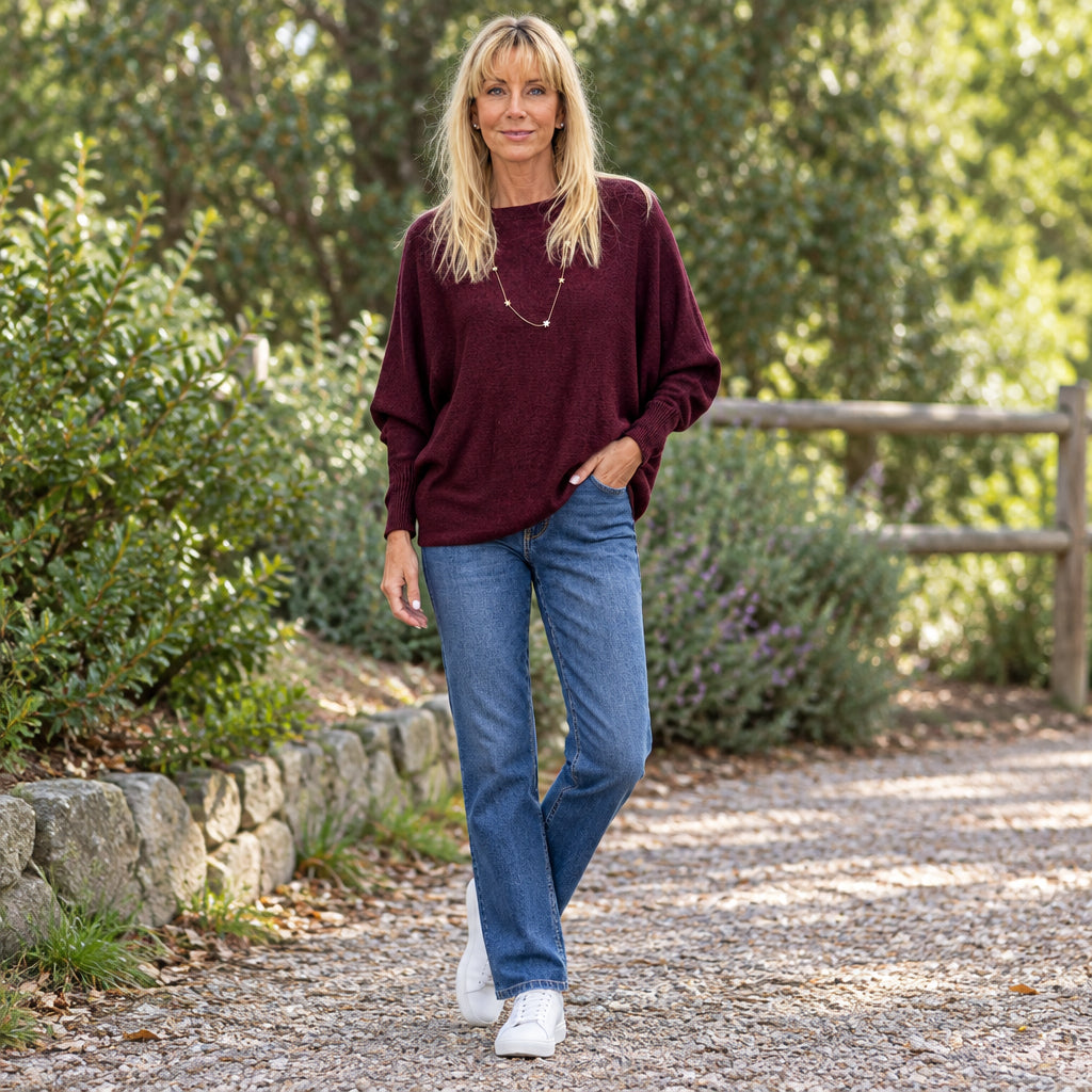 Made In Italy Polly Pearl Back Burgundy Batwing Sleeve Jumper -Sugarplum Boutique