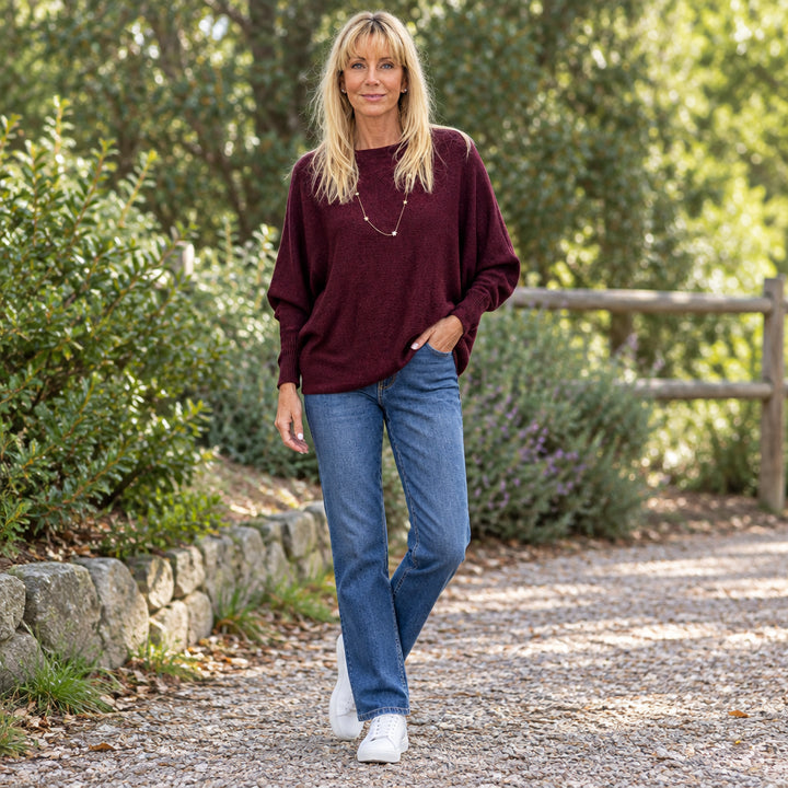 Made In Italy Polly Pearl Back Burgundy Batwing Sleeve Jumper -Sugarplum Boutique