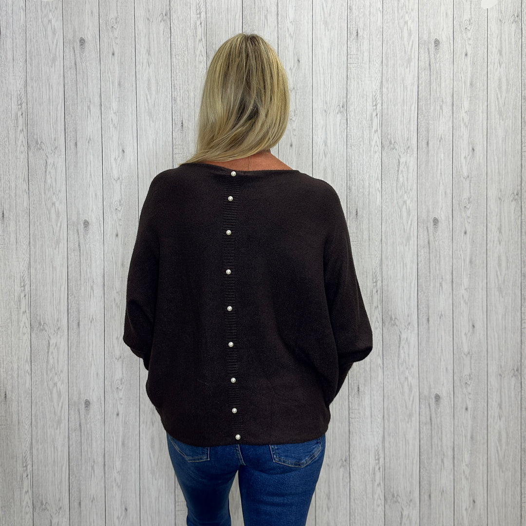 Made In Italy Polly Pearl Back Jumper Batwing Sleeve Chocolate Brown Sugarplum Boutique
