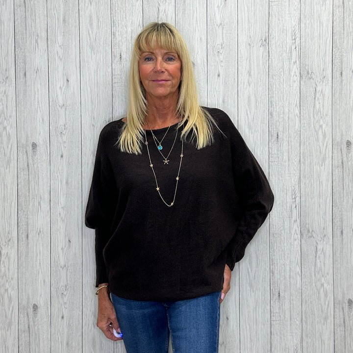 Made In Italy Polly Pearl Back Jumper Batwing Sleeve Chocolate Brown Sugarplum Boutique