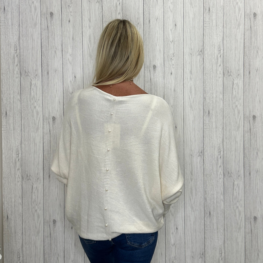 Made In Italy Polly Pearl Back Jumper Batwing Sleeve Cream -  Sugarplum Boutique