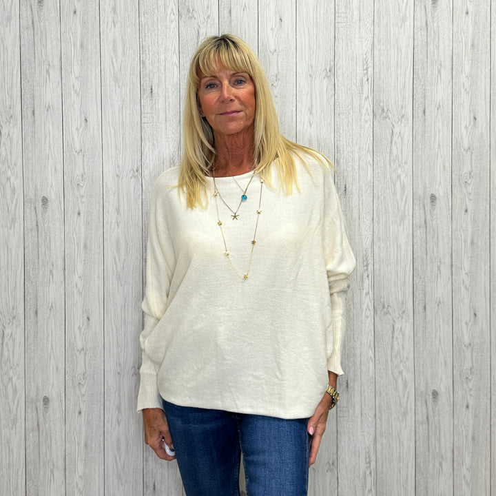 Made In Italy Polly Pearl Back Jumper Batwing Sleeve Cream -  Sugarplum Boutique