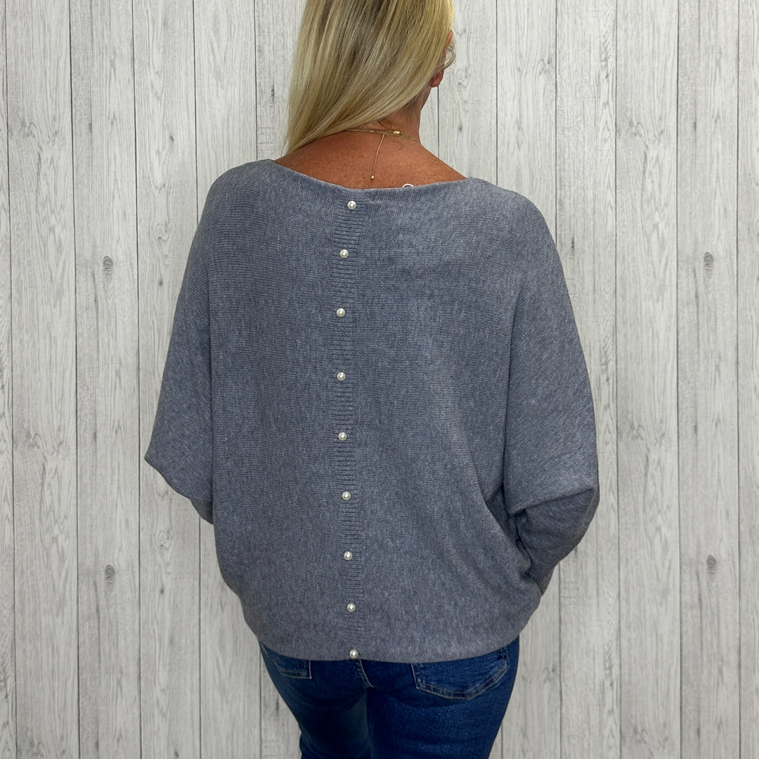 Made In Italy Polly Pearl Back Jumper Batwing Sleeve Grey - Sugarplum Boutique