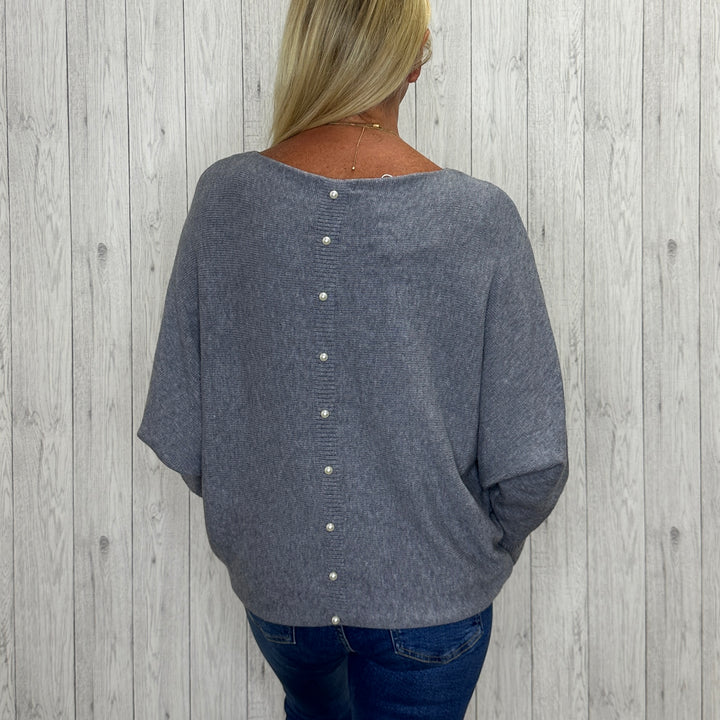 Made In Italy Polly Pearl Back Jumper Batwing Sleeve Grey - Sugarplum Boutique