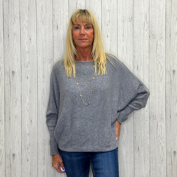 Made In Italy Polly Pearl Back Jumper Batwing Sleeve Grey - Sugarplum Boutique