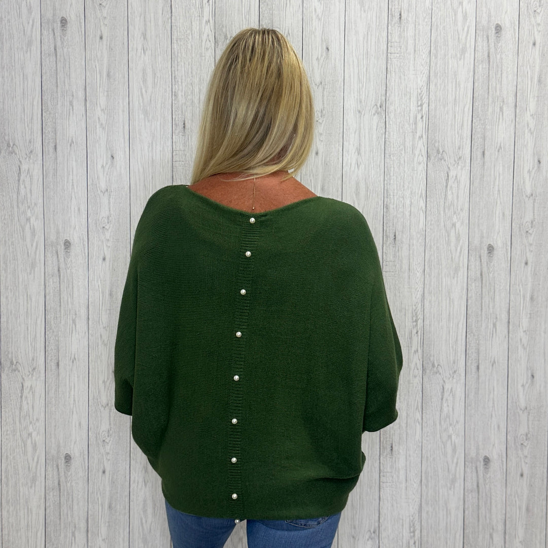 Made In Italy Polly Pearl Back Jumper Batwing Sleeve Khaki Green - Sugarplum Boutique