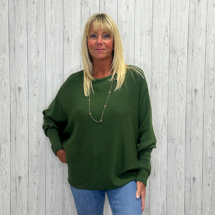 Made In Italy Polly Pearl Back Jumper Batwing Sleeve Khaki Green - Sugarplum Boutique