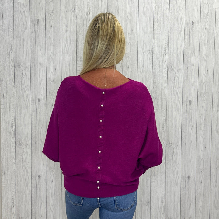 Made In Italy Polly Pearl Back Jumper Batwing Sleeve Magenta Pink -Sugarplum Boutique
