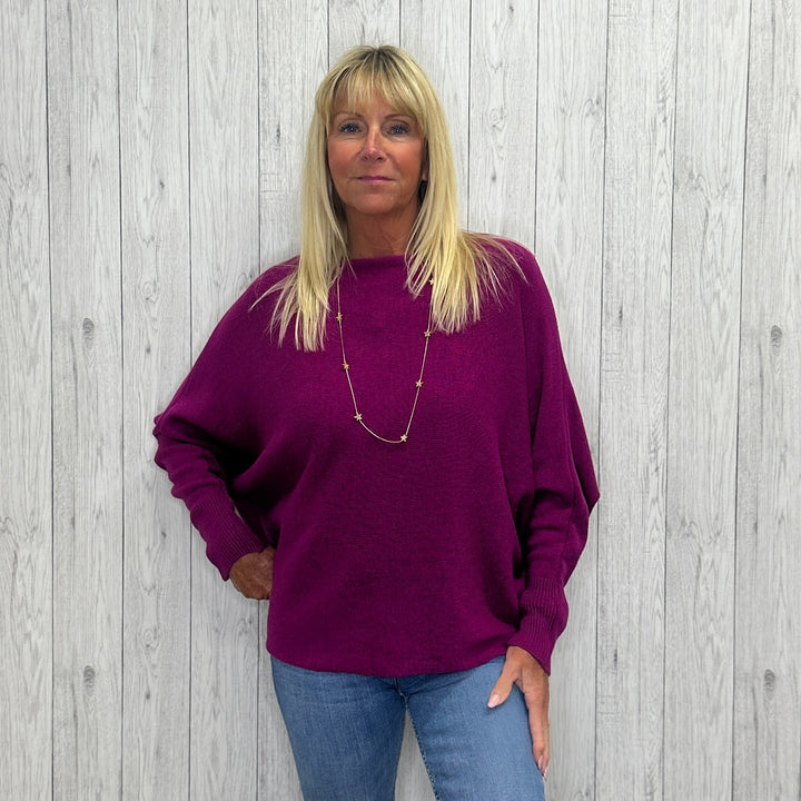 Made In Italy Polly Pearl Back Jumper Batwing Sleeve Magenta Pink -  Sugarplum Boutique
