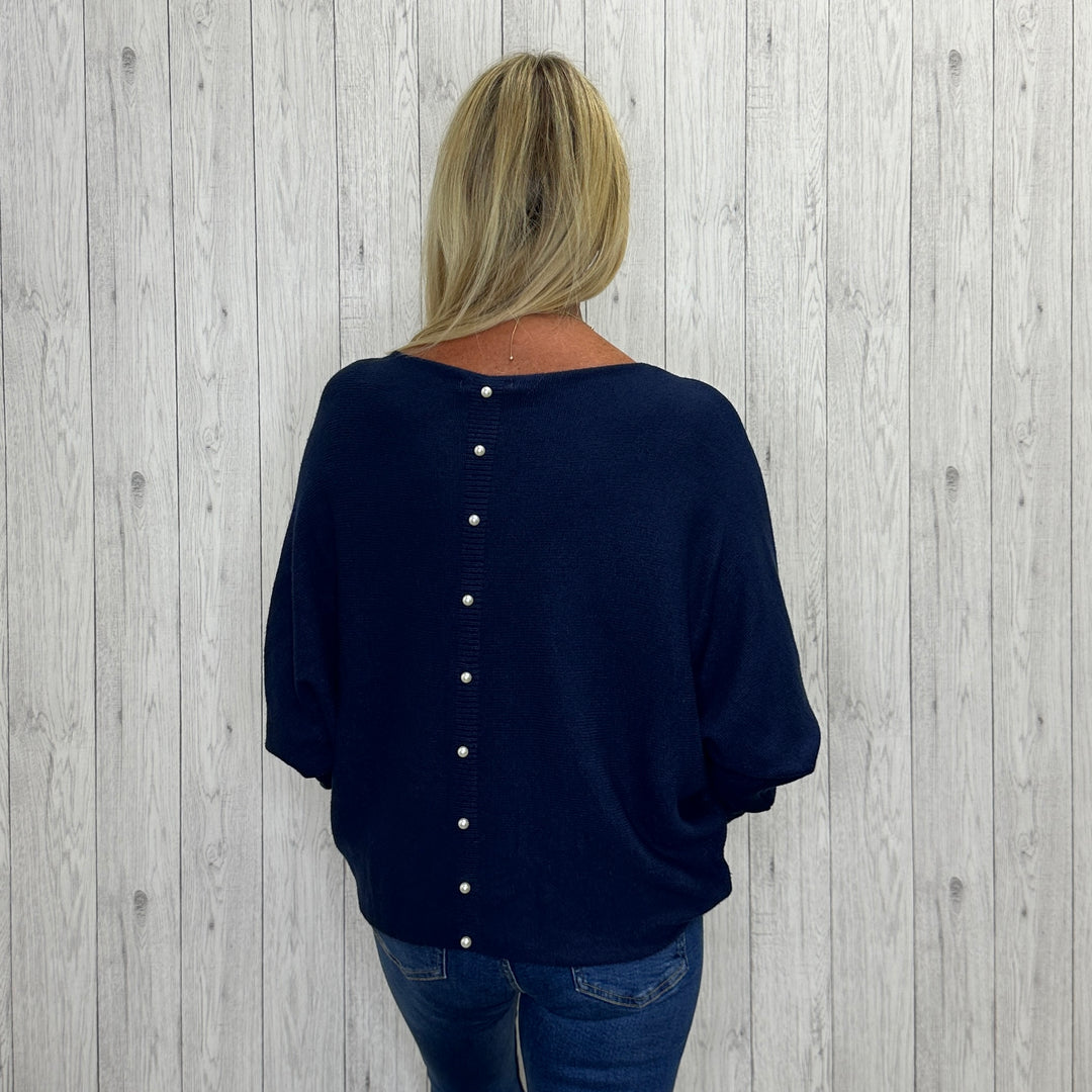 Made In Italy Polly Pearl Back Jumper Batwing Sleeve Navy Blue - Sugarplum Boutique