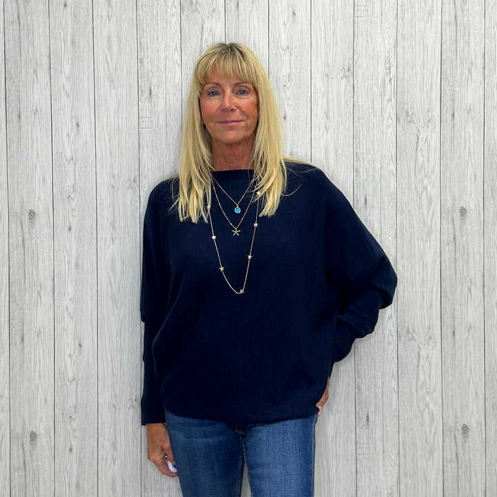 Made In Italy Polly Pearl Back Jumper Batwing Sleeve Navy Blue - Sugarplum Boutique