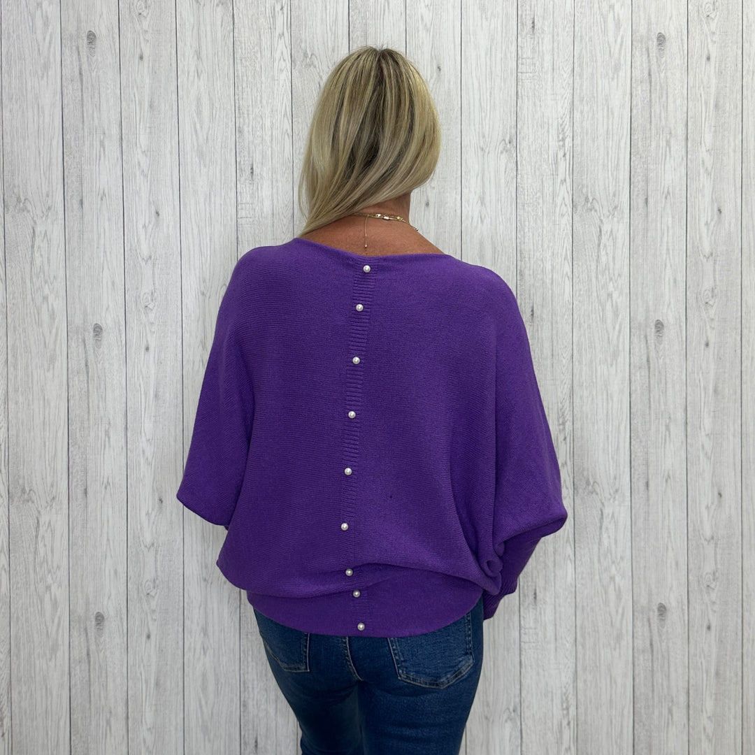 Made In Italy Polly Pearl Back Jumper Batwing Sleeve Purple - Sugarplum Boutique