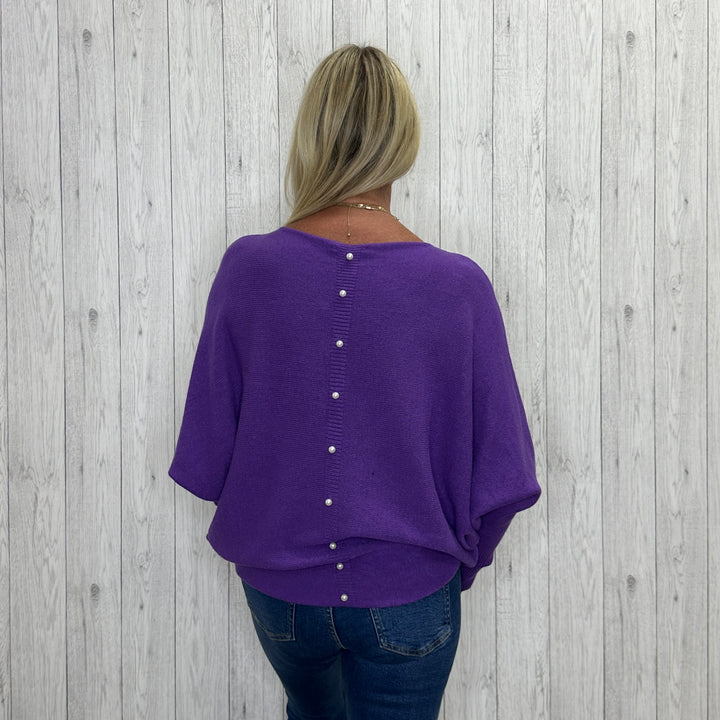 Made In Italy Polly Pearl Back Jumper Batwing Sleeve Purple - Sugarplum Boutique