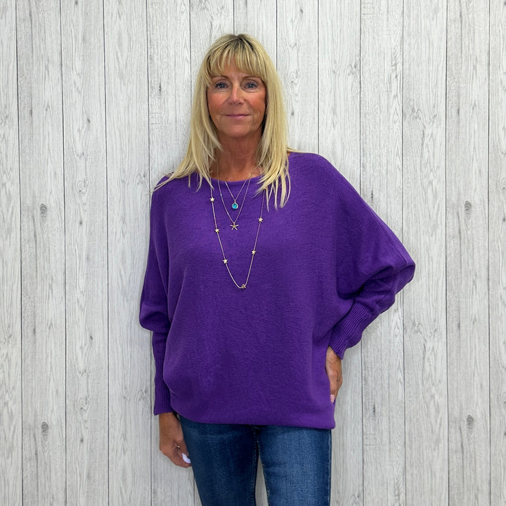 Made In Italy Polly Pearl Back Jumper Batwing Sleeve Purple - Sugarplum Boutique