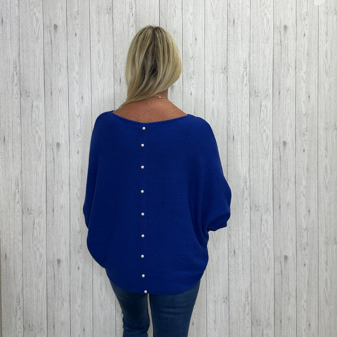 Made In Italy Polly Pearl Back Jumper Batwing Sleeve Royal Blue - Sugarplum Boutique