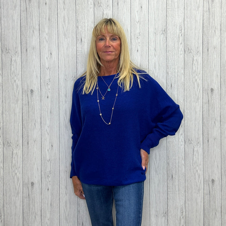 Made In Italy Polly Pearl Back Jumper Batwing Sleeve Royal Blue - Sugarplum Boutique