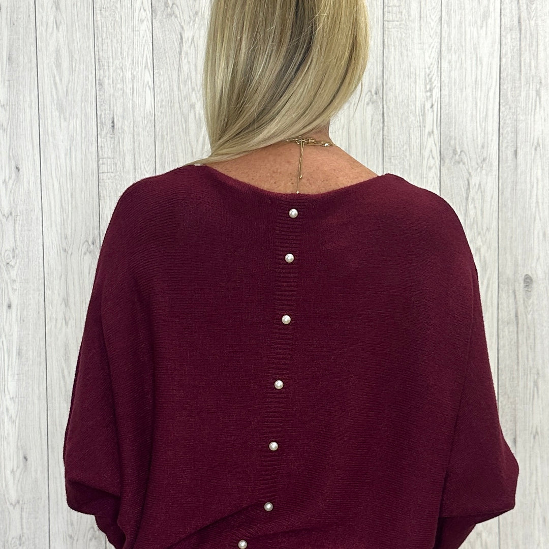 Made In Italy Polly Pearl Back Wine Red Batwing Sleeve Jumper -Sugarplum Boutique
