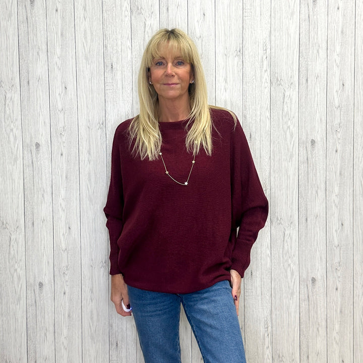 Made In Italy Polly Pearl Back Wine Red Batwing Sleeve Jumper -Sugarplum Boutique