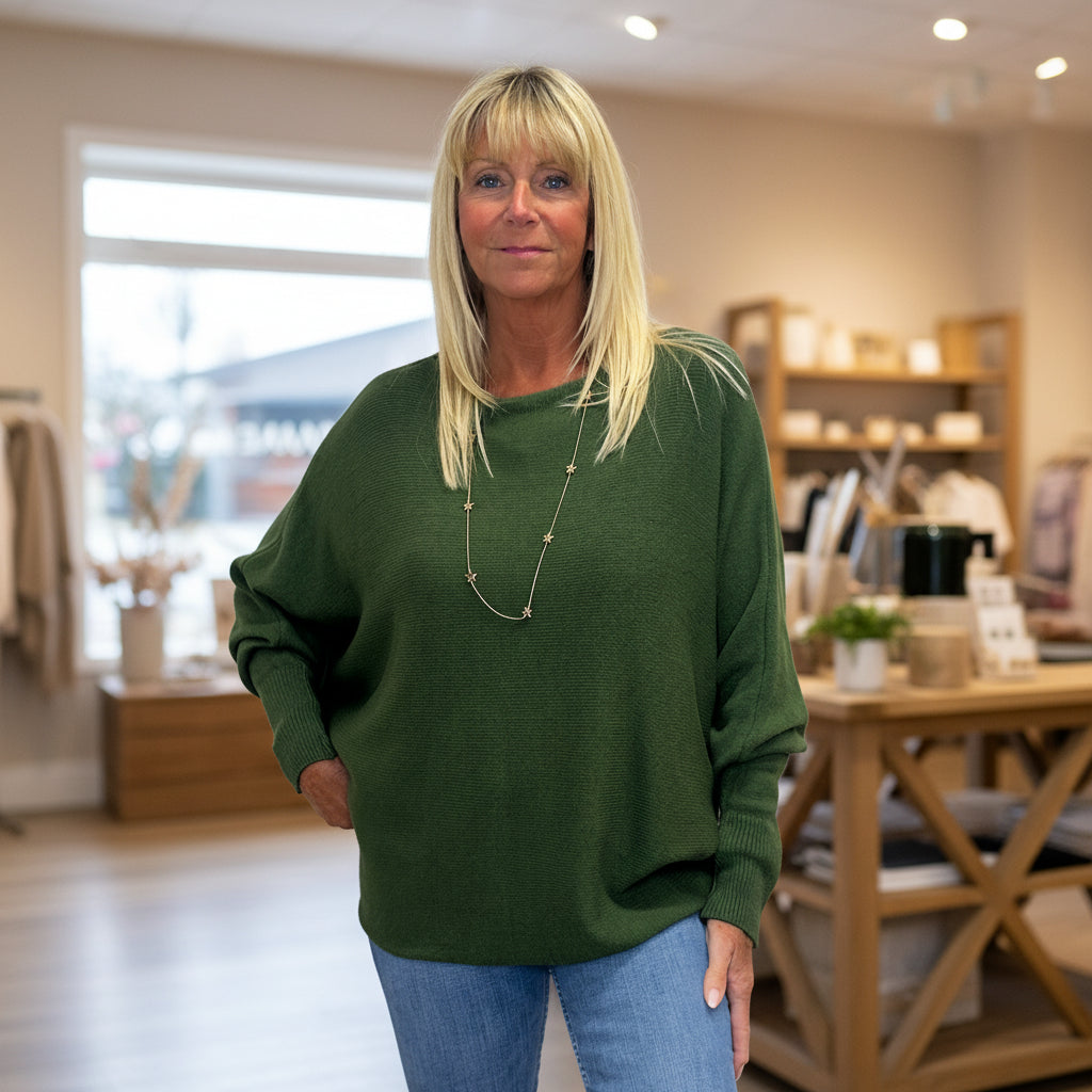 Made In Italy Polly Pearl Back Khaki Green Batwing Jumper - Sugarplum Boutique