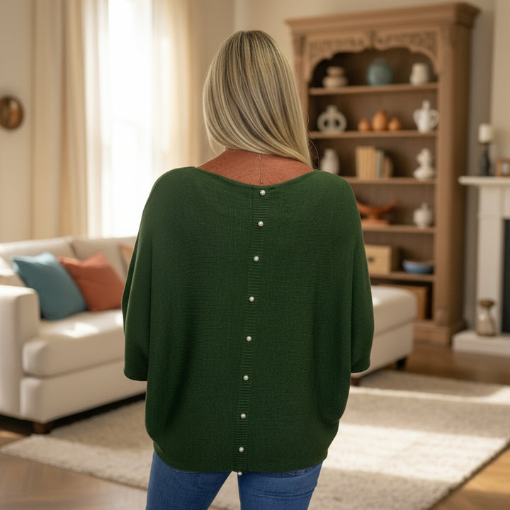Made In Italy Polly Pearl Back Khaki Green Batwing Jumper - Sugarplum Boutique