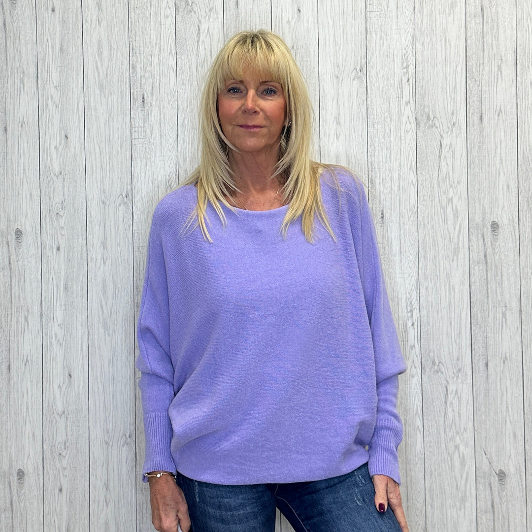 Made In Italy Polly Pearl Back Lavender Batwing Sleeve Jumper - Sugarplum Boutique