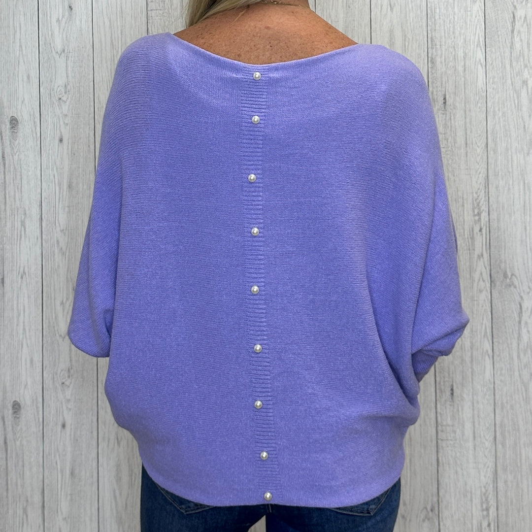 Made In Italy Polly Pearl Back Lavender Batwing Sleeve Jumper - Sugarplum Boutique