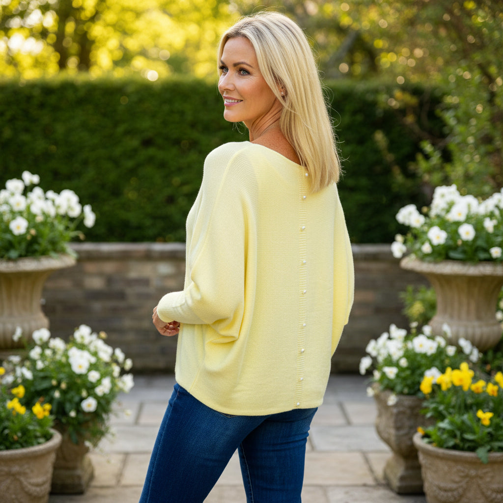 Made In Italy Polly Pearl Back Lemon Yellow Batwing Sleeve Jumper - Sugarplum Boutique