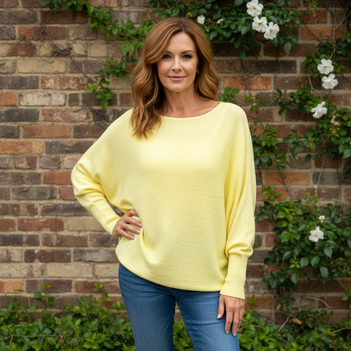 Made In Italy Polly Pearl Back Lemon Yellow Batwing Sleeve Jumper - Sugarplum Boutique