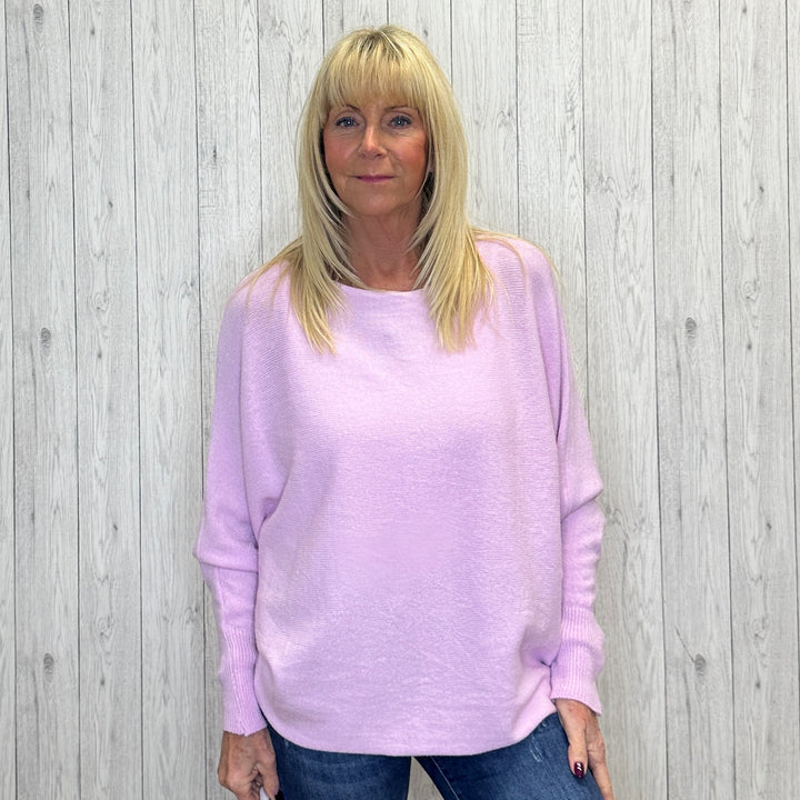 Made In Italy Polly Pearl Back Light Pink Batwing Sleeve Jumper - Sugarplum Boutique