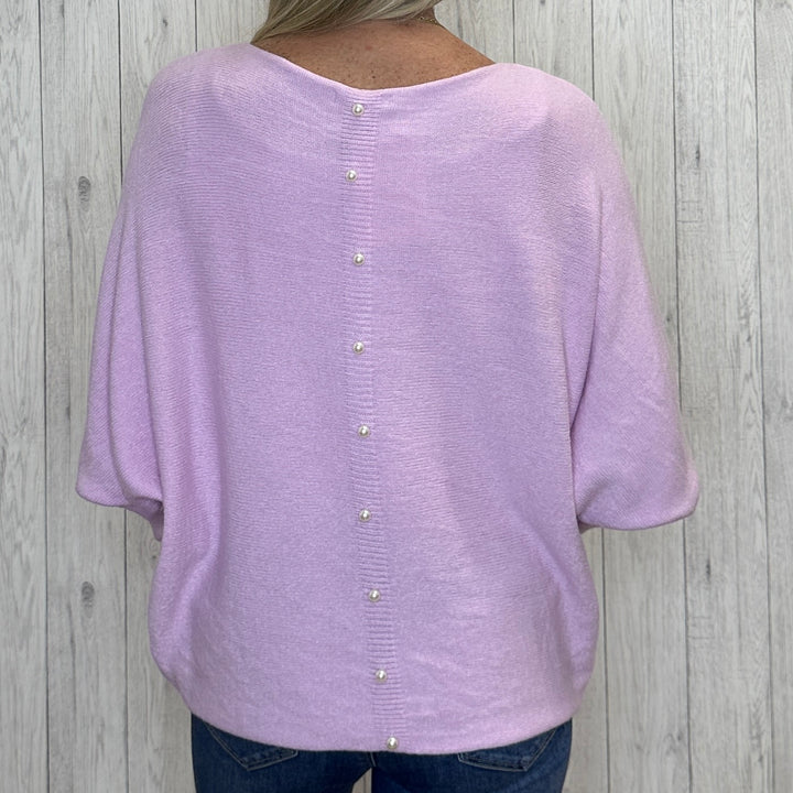 Made In Italy Polly Pearl Back Light Pink Batwing Sleeve Jumper - Sugarplum Boutique