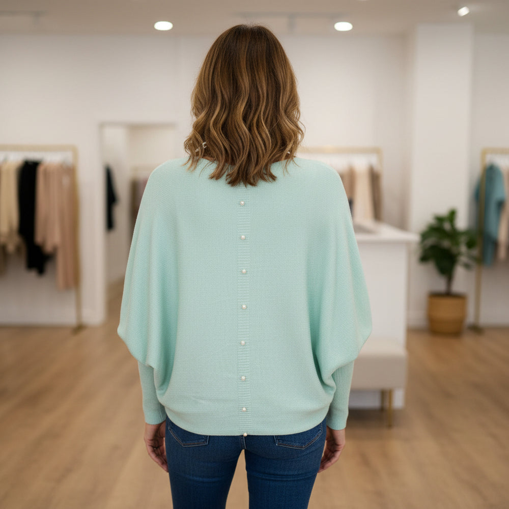 Made In Italy Polly Pearl Back Mint Green Batwing Sleeve Jumper - Sugarplum Boutique