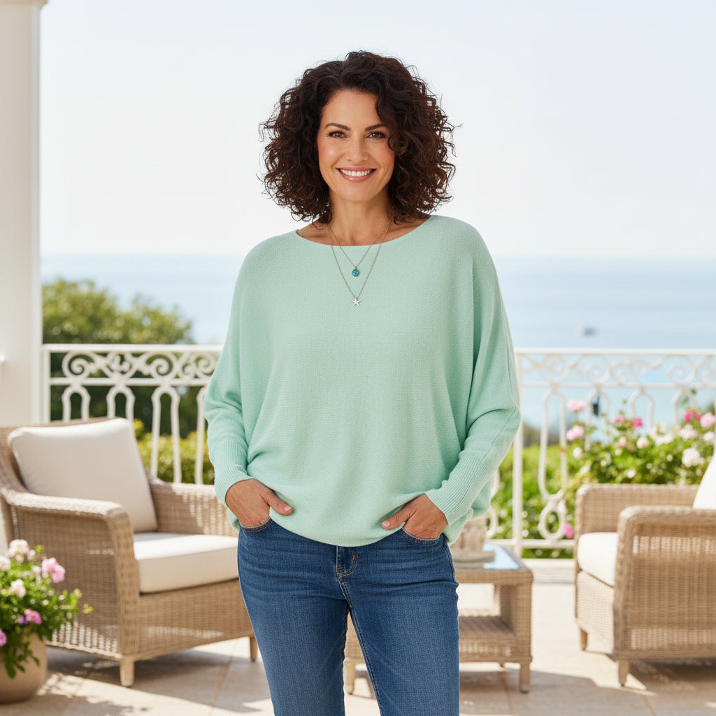 Made In Italy Polly Pearl Back Mint Green Batwing Sleeve Jumper - Sugarplum Boutique