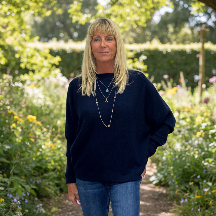 Made In Italy Polly Pearl Back Navy Blue Batwing Jumper - Sugarplum Boutique